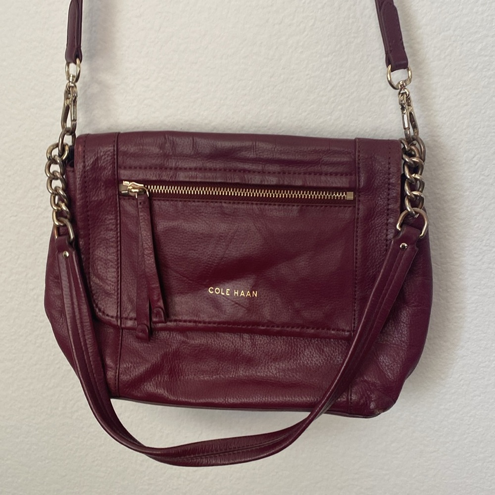 Cole Haan leather crossbody shoulder bag burgundy wine maroon flap over purse